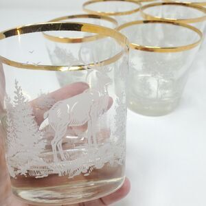 Libbey Glass Etched  Hunting Theme buck deer Clear rink Glasses w/ Gold Rims 6